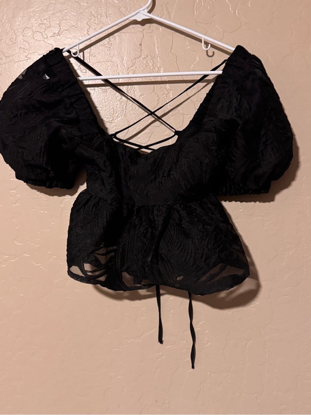 Topshop Black Puff-Sleeve Peplum Crop Top with Crisscross Back